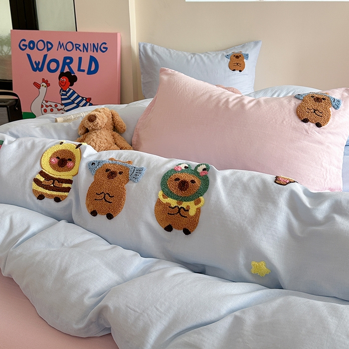 91家纺网 家纺一手货源 找家纺 TT.one 塔塔家居 2025新款全棉双层纱毛巾绣萌宠系列四件套 呆萌皮皮