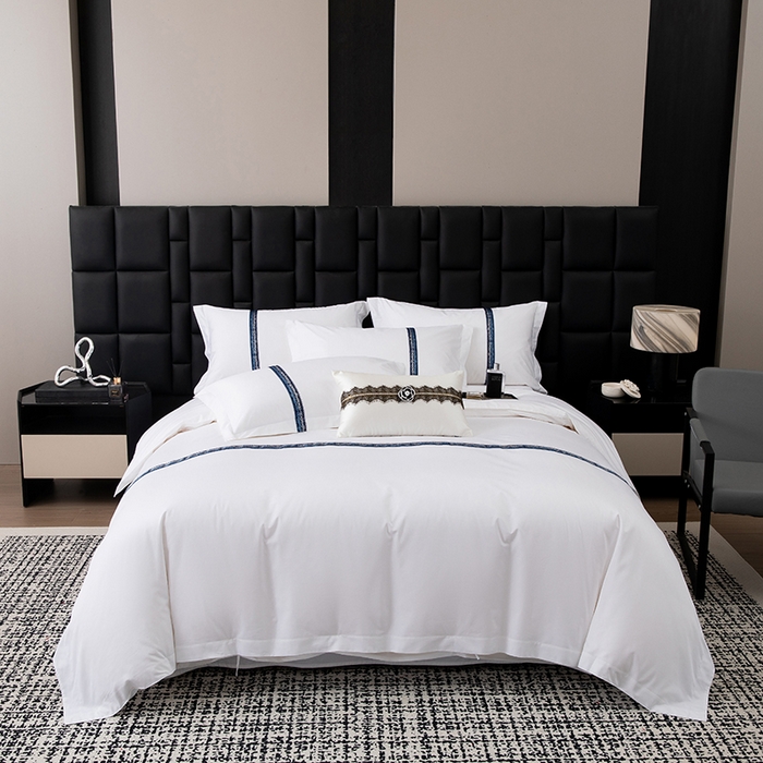 91家纺网 家纺一手货源 找家纺 优必恩 2025新款高支高密民宿酒店织带款四件套套件 墨蓝