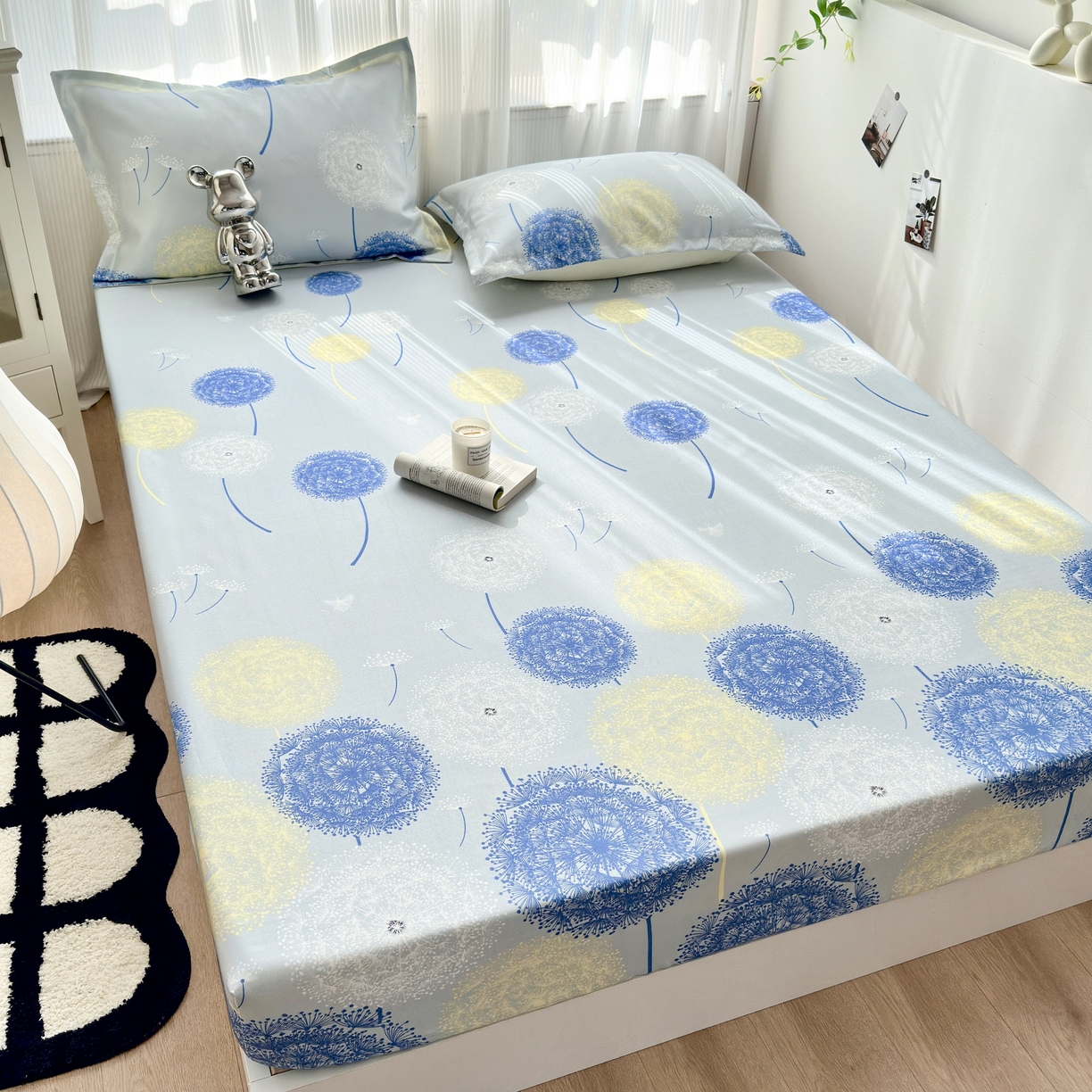 91家纺网 家纺一手货源 找家纺 乐居家纺 2025新款亲肤舒适活性印染水洗冰丝床笠 蒲公英-蓝