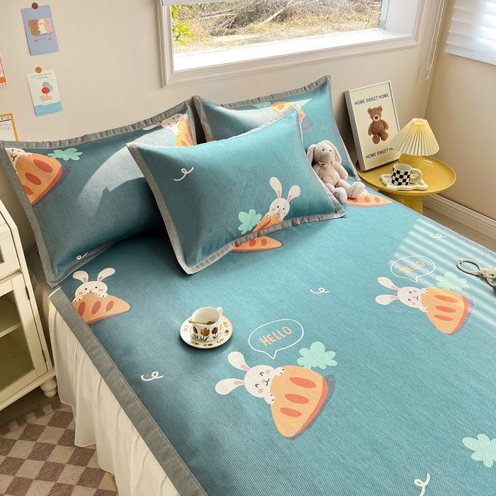 91家纺网 家纺一手货源 找家纺 典曼家纺 2025春夏新款250D冰丝宽边圆网冰丝凉席席子 萝卜兔