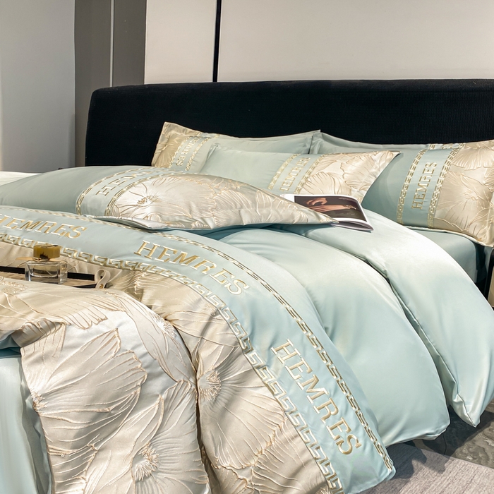 91家纺网 家纺一手货源 找家纺 子曰 2025新款金丝提花浮雕刺绣水洗真丝四件套 花语-绿