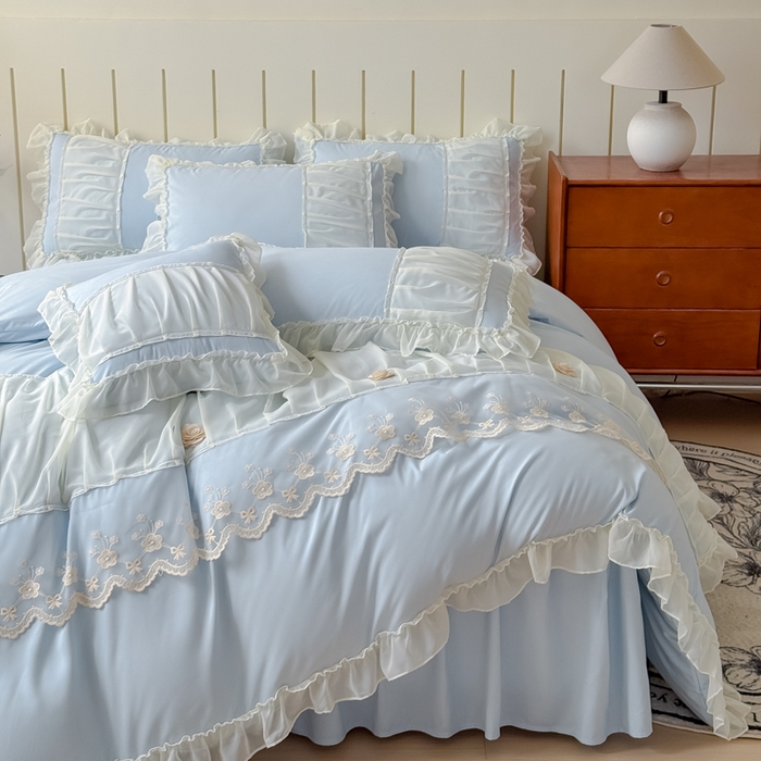 91家纺网 家纺一手货源 找家纺 狂想家 2025高定蕾丝糯小棉安妮系列四件套 晴空兰