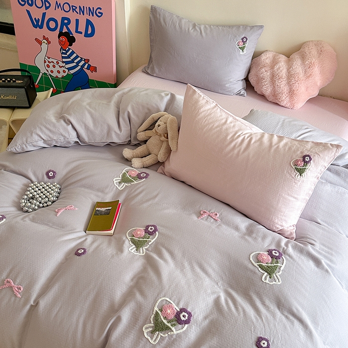 91家纺网 家纺一手货源 找家纺 TT.one 塔塔家居 2025新款全棉双层纱毛巾绣萌宠系列四件套 浪漫假日