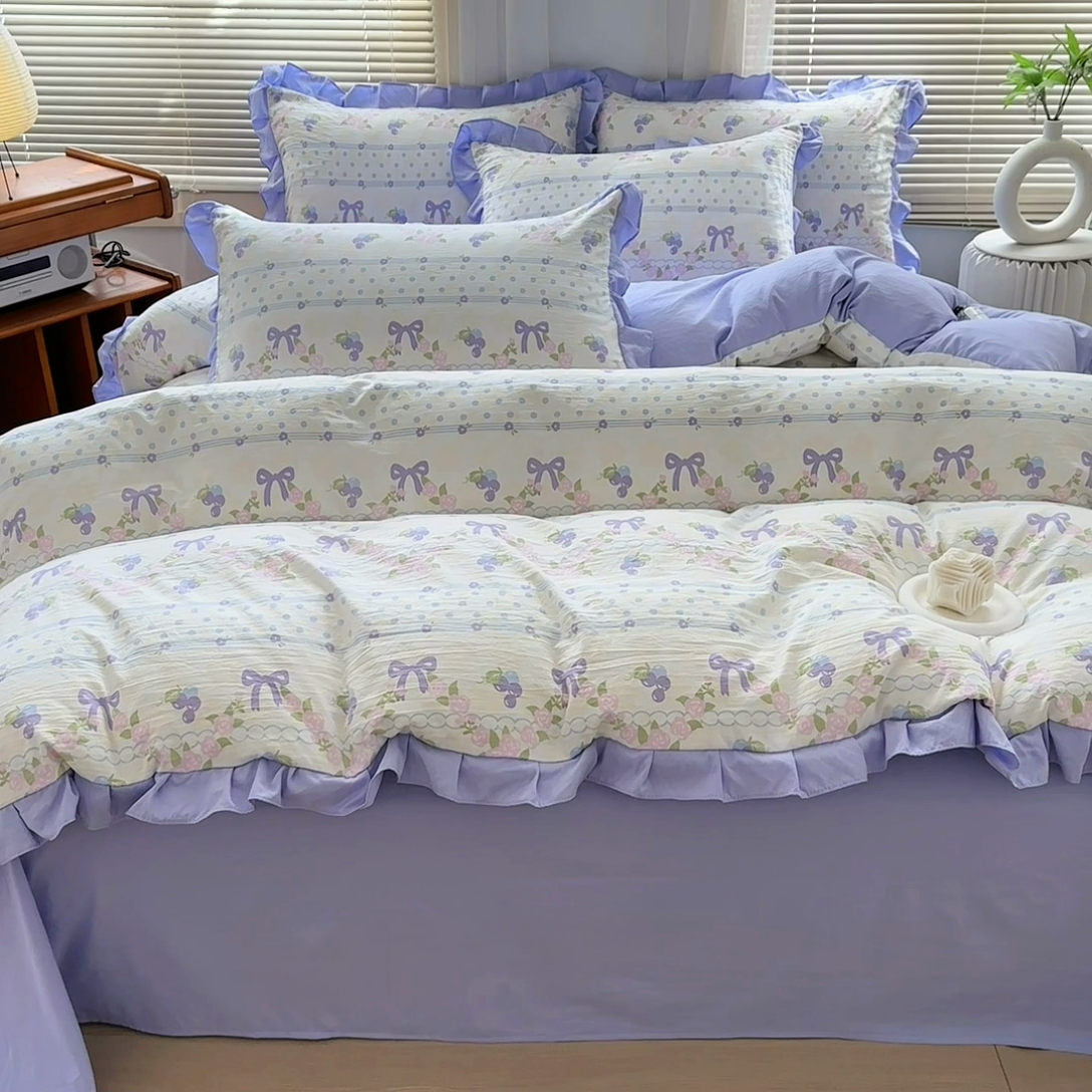 91家纺网 家纺一手货源 找家纺 佳一家纺 2025新款亲肤水洗棉四件套系列 蝴蝶结紫