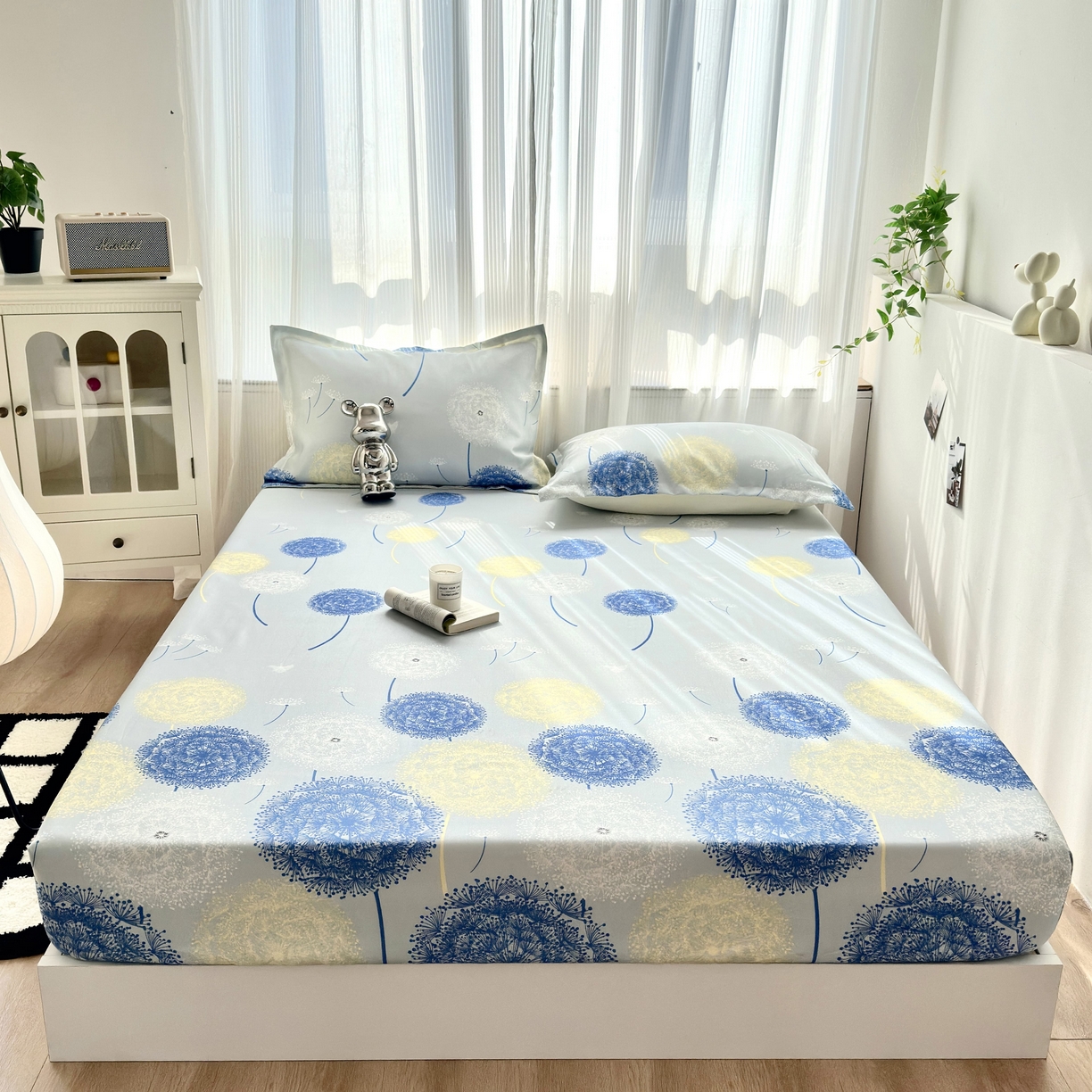 91家纺网 家纺一手货源 找家纺 乐居家纺 2025新款亲肤舒适活性印染水洗冰丝床笠 蒲公英-蓝