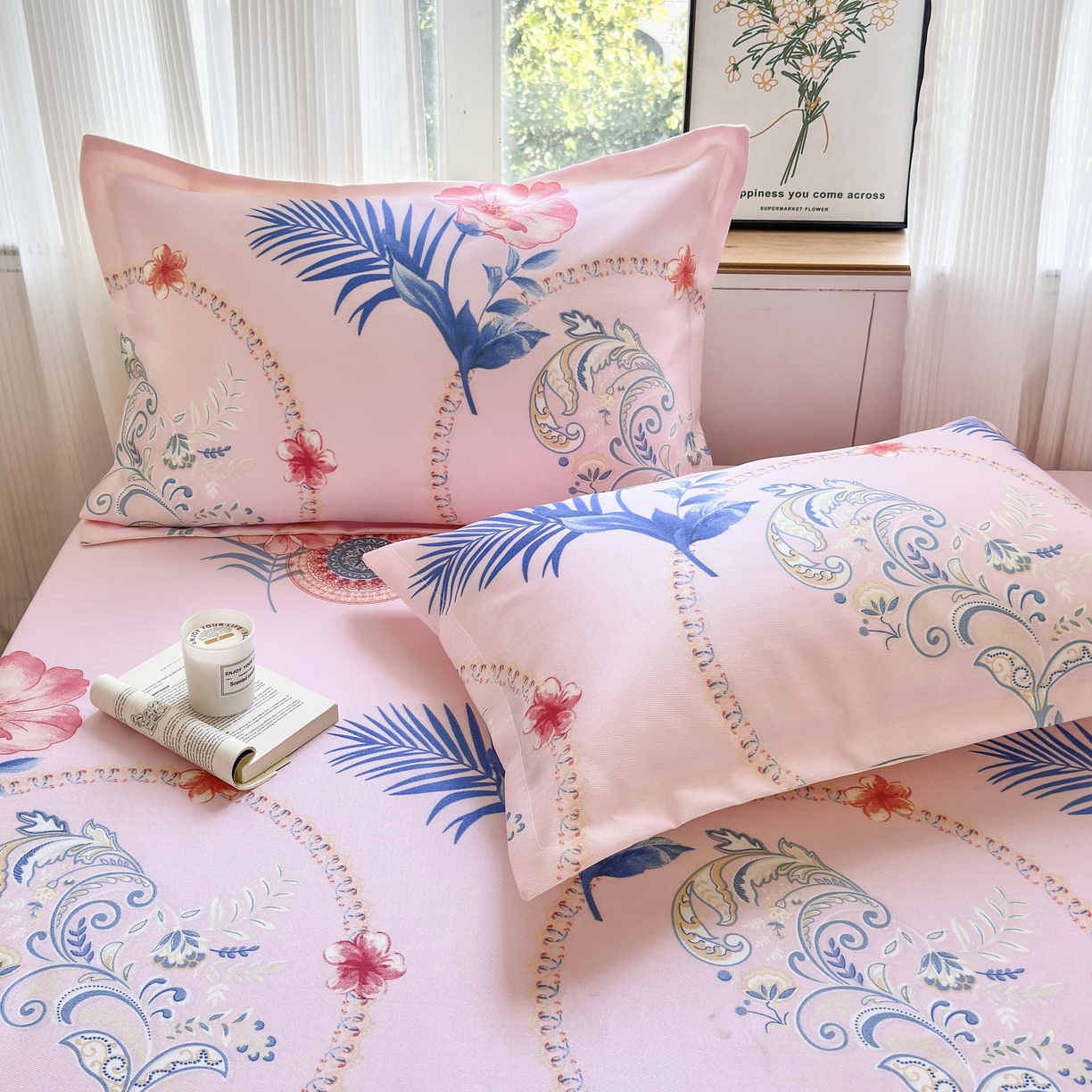 91家纺网 家纺一手货源 找家纺 乐居家纺 2025新款亲肤舒适活性印染水洗冰丝床笠 国色天香-粉