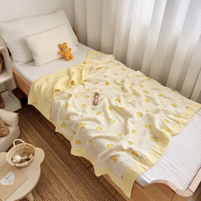 91家纺网 家纺一手货源 找家纺 BOSS 2025新款全棉纯棉皱皱纱儿童盖毯夏被  幼儿园夏被夏凉被空调被 柠檬鸭