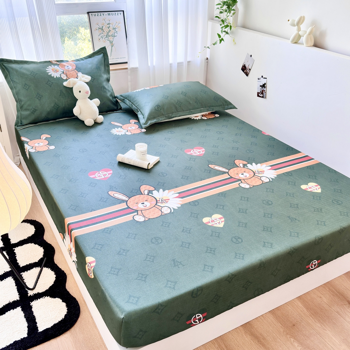 91家纺网 家纺一手货源 找家纺 乐居家纺 2025新款亲肤舒适活性印染水洗冰丝床笠 米妮兔-绿