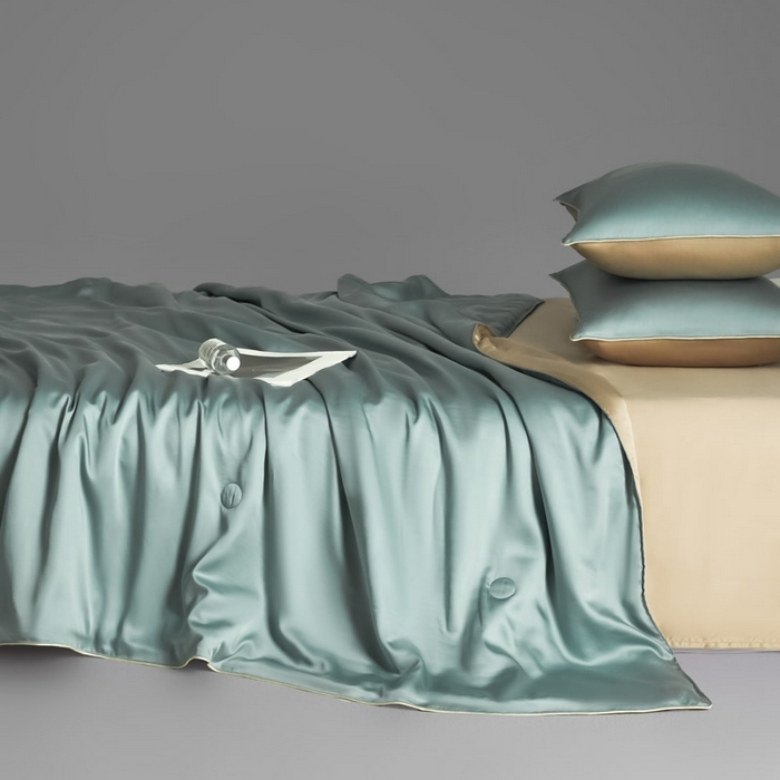 91家纺网 家纺一手货源 找家纺 AB家纺2025新品A类莱赛尔双拼50天丝空调夏被四件套 海青绿-卡其