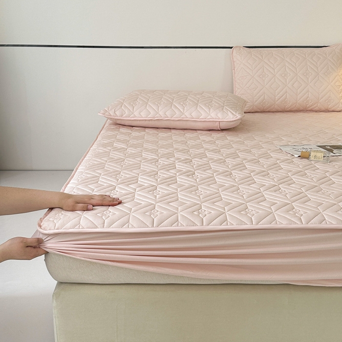 91家纺网 家纺一手货源 找家纺 云雀   2025新款舒适莱赛尔天丝夹棉床笠 菱格床笠-玉粉