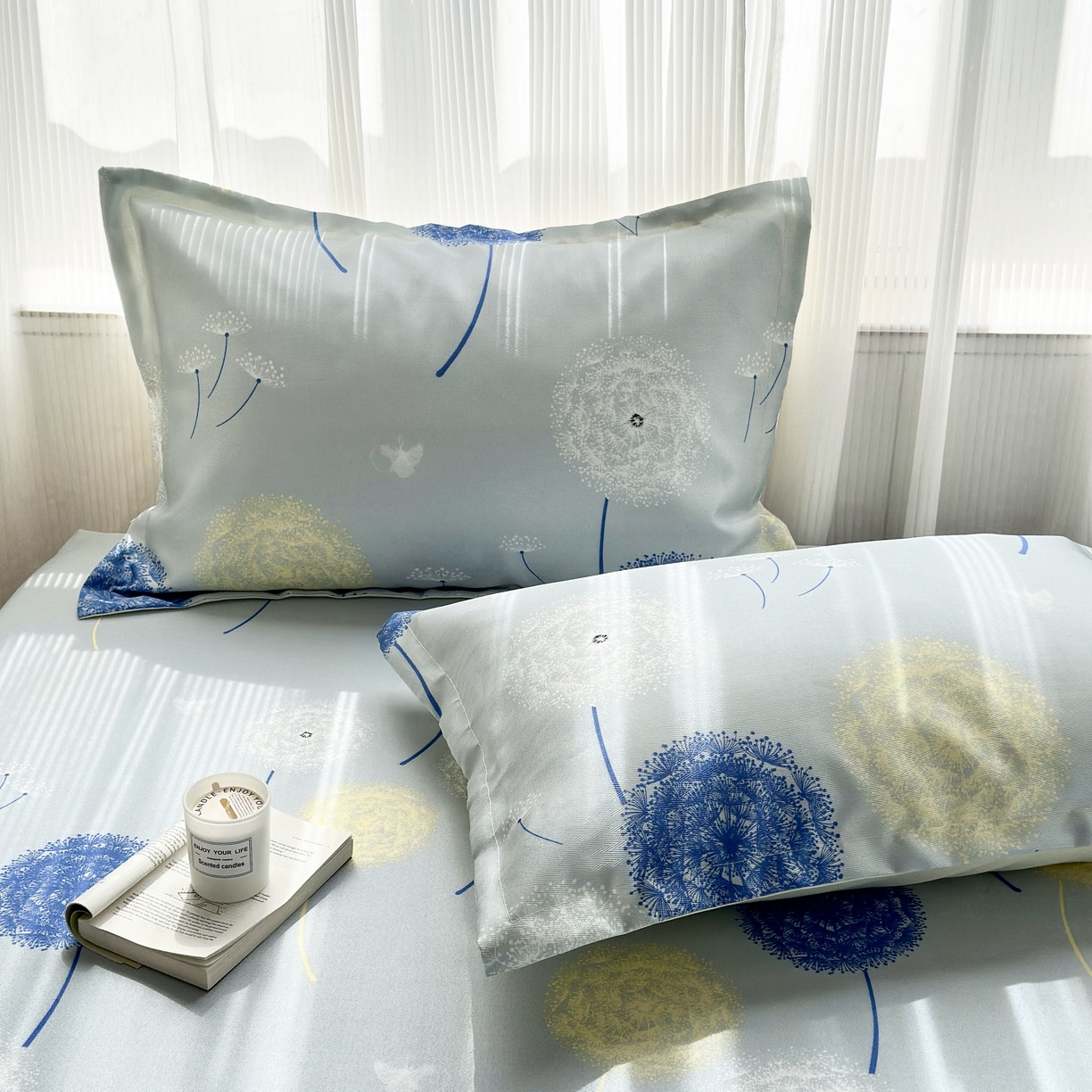 91家纺网 家纺一手货源 找家纺 乐居家纺 2025新款亲肤舒适活性印染水洗冰丝床笠 蒲公英-蓝