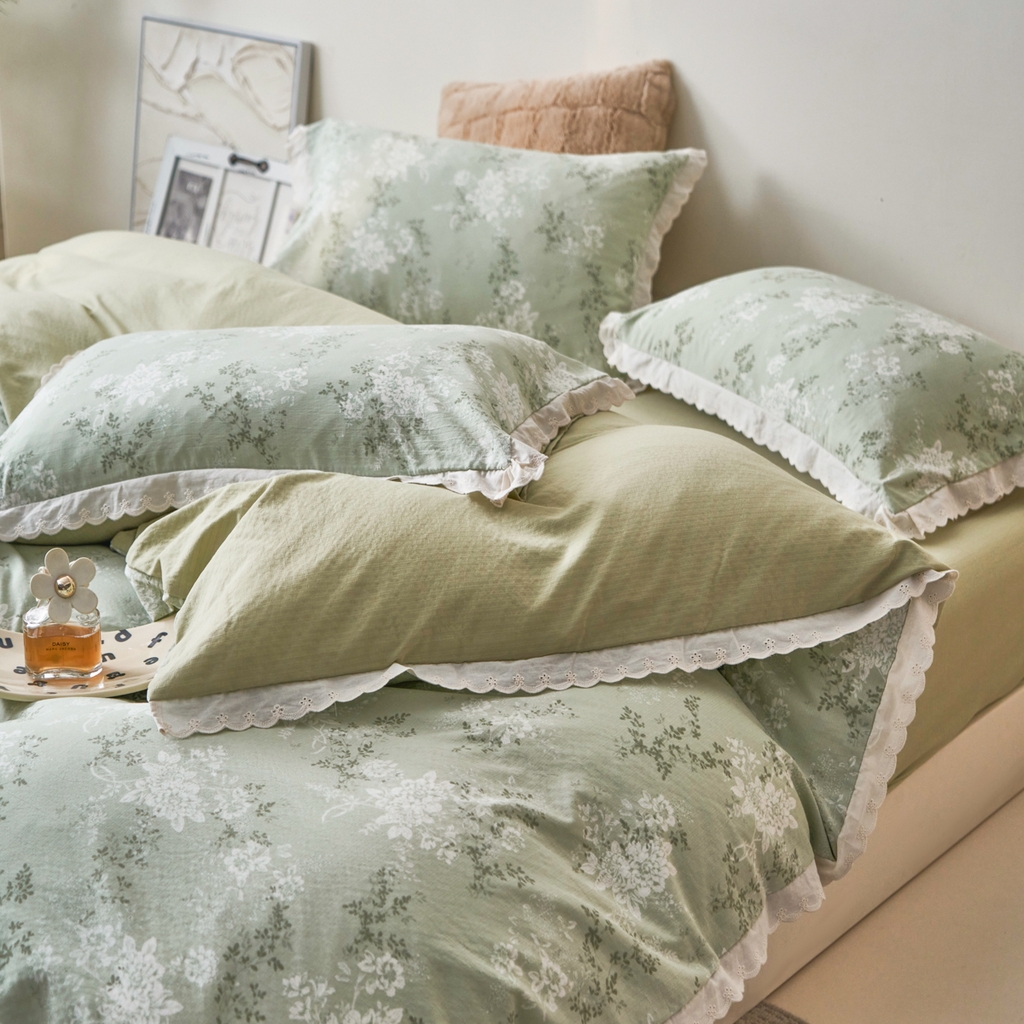91家纺网 家纺一手货源 找家纺 漫仙阁家纺 2025新款双层纱花边款韩版四件套 绿意