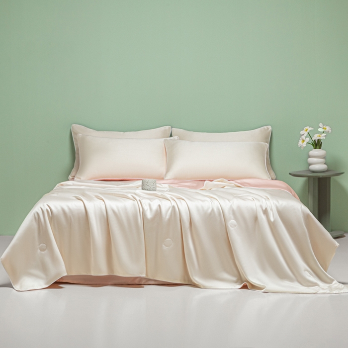 91家纺网 家纺一手货源 找家纺 爱彼家纺 2025夏季新款麻绳款冰丝夏被夏凉被空调被四件套-风格二 麻绳款夏被-奶昔白+粉