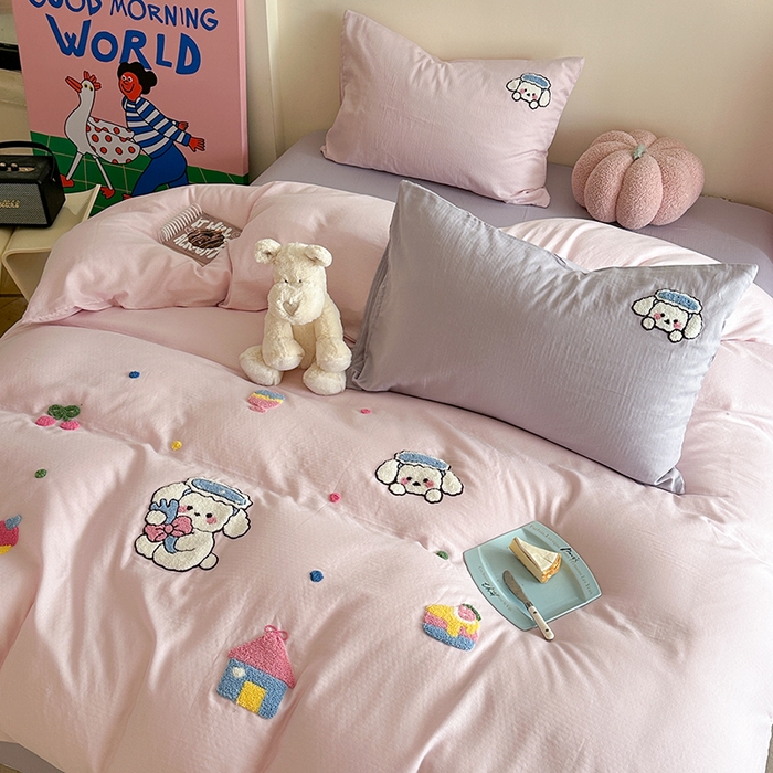 91家纺网 家纺一手货源 找家纺 TT.one 塔塔家居 2025新款全棉双层纱毛巾绣萌宠系列四件套 朵拉公主