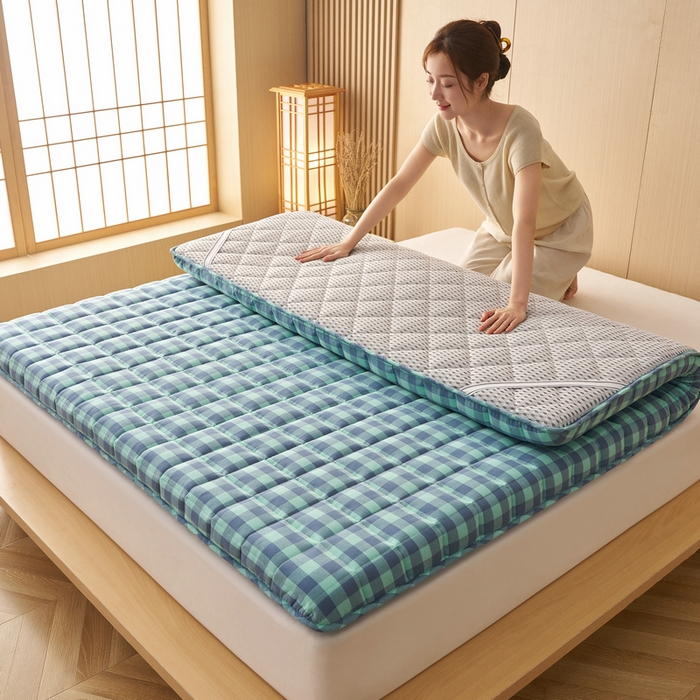 91家纺网 家纺一手货源 找家纺 锦丝钰床垫 2025新款色织水洗棉棉花床垫 蓝绿中格