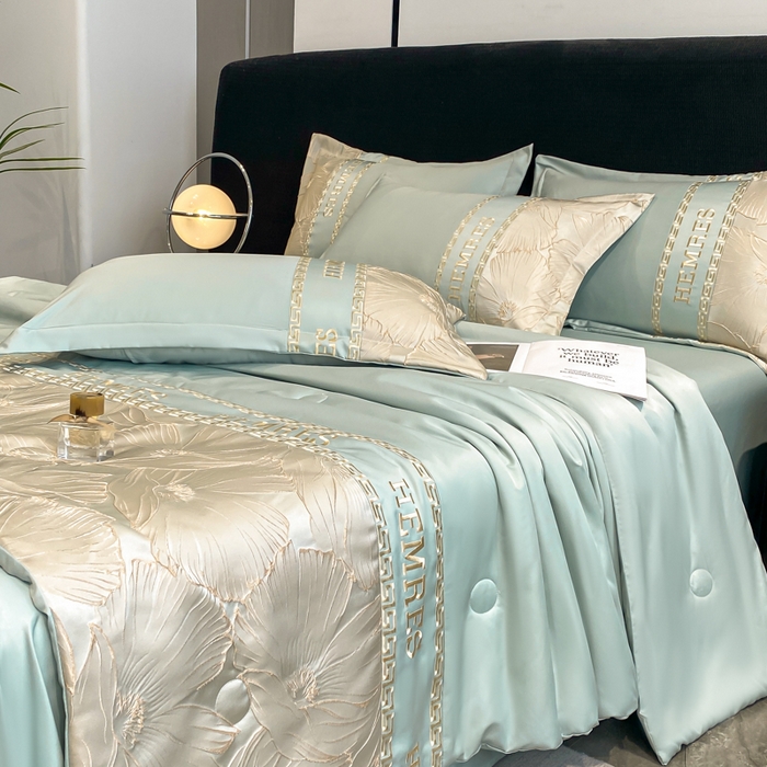 91家纺网 家纺一手货源 找家纺 子曰 2025新款金丝提花浮雕刺绣水洗真丝夏被四件套夏凉被空调被 花语-绿