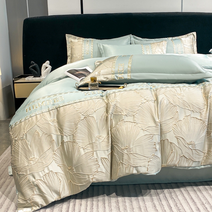 91家纺网 家纺一手货源 找家纺 子曰 2025新款金丝提花浮雕刺绣水洗真丝四件套 花语-绿