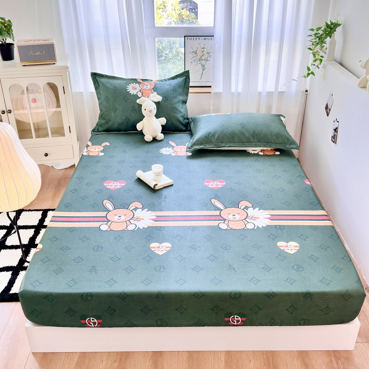 91家纺网 家纺一手货源 找家纺 乐居家纺 2025新款亲肤舒适活性印染水洗冰丝床笠 米妮兔-绿