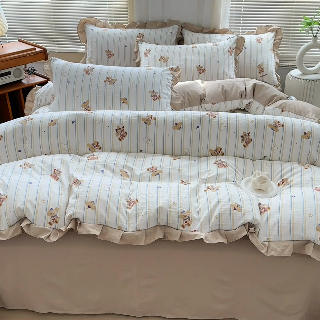 91家纺网 家纺一手货源 找家纺 佳一家纺 2025新款亲肤水洗棉四件套系列 快乐熊