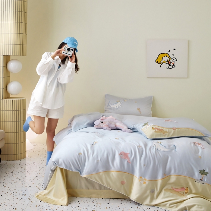 91家纺网 家纺一手货源 找家纺 （总）爱缦 2025新款海边假日系列60支莱赛尔四件套风格二