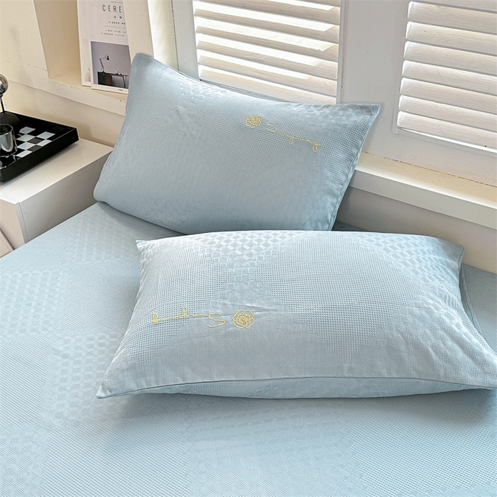 91家纺网 家纺一手货源 找家纺 曼町家居 2025新款全棉华夫格床笠 云水蓝