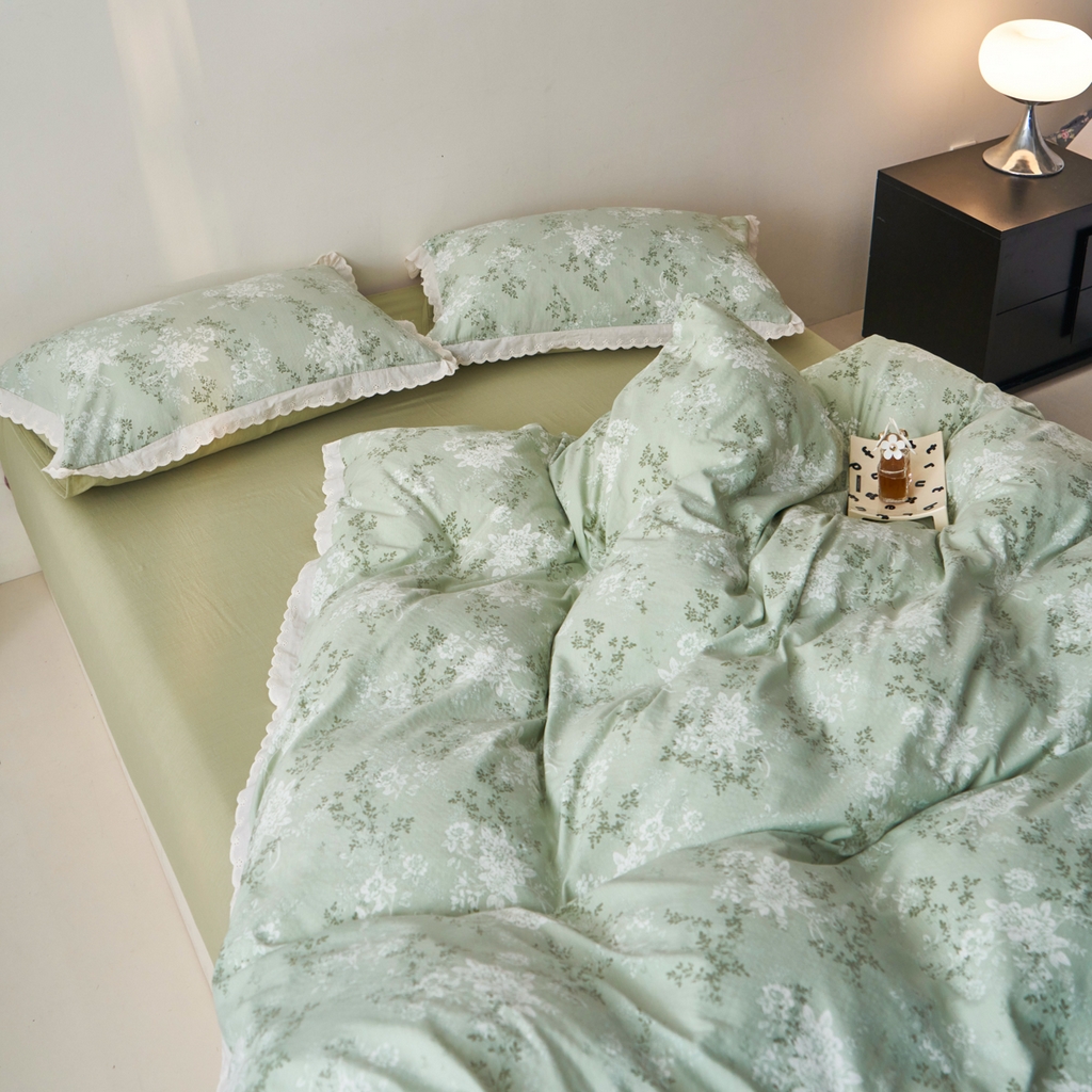 91家纺网 家纺一手货源 找家纺 漫仙阁家纺 2025新款双层纱花边款韩版四件套 绿意