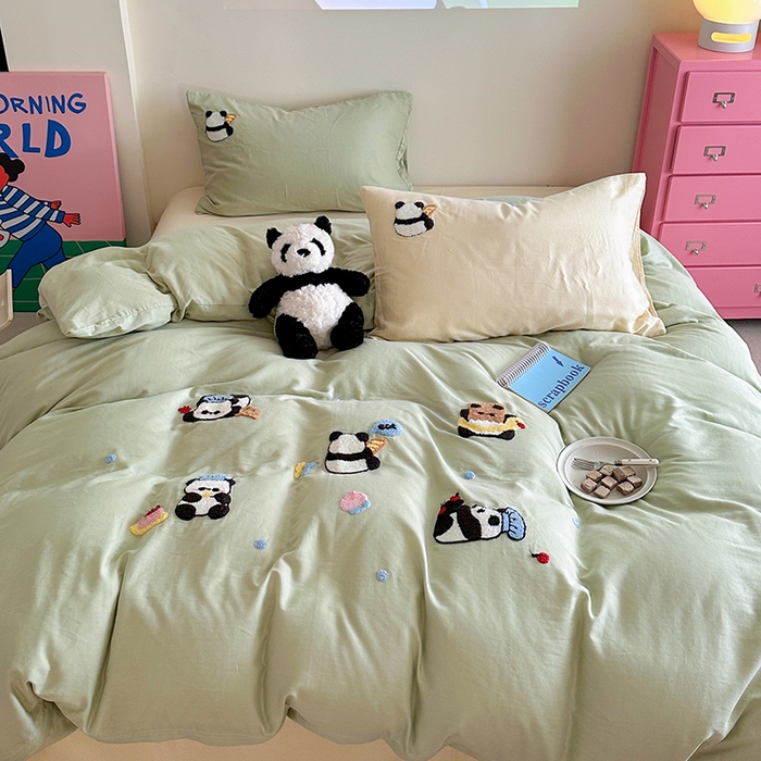 91家纺网 家纺一手货源 找家纺 TT.one 塔塔家居 2025新款全棉双层纱毛巾绣萌宠系列四件套 福气团团