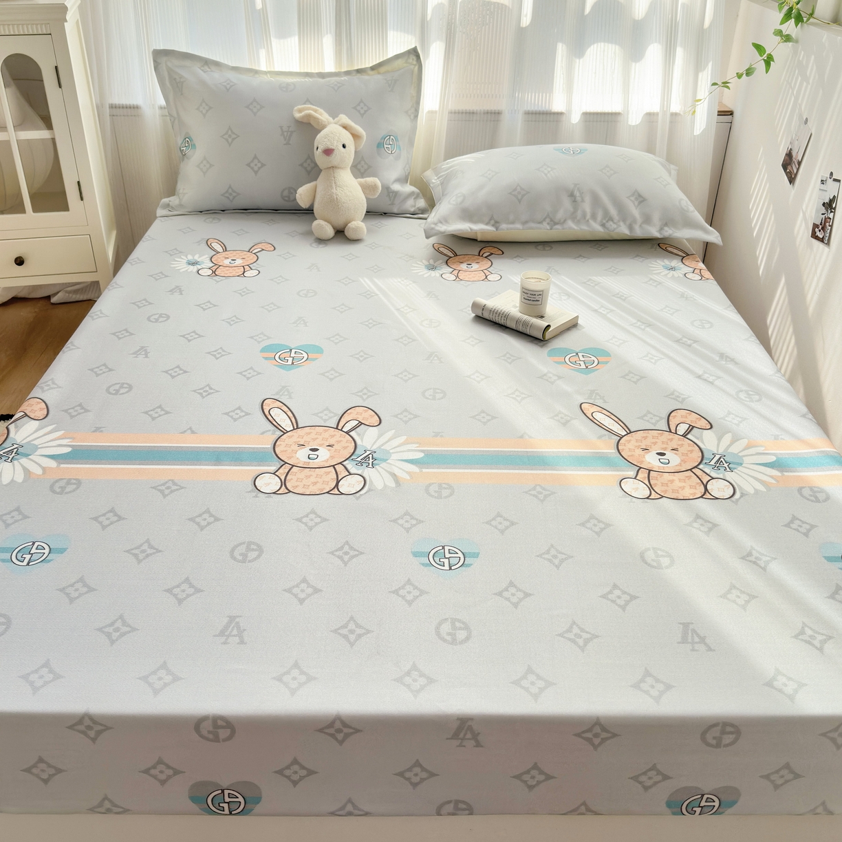 91家纺网 家纺一手货源 找家纺 乐居家纺 2025新款亲肤舒适活性印染水洗冰丝床笠 米妮兔-卡