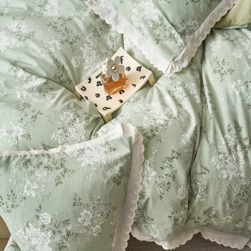 91家纺网 家纺一手货源 找家纺 漫仙阁家纺 2025新款双层纱花边款韩版四件套 绿意