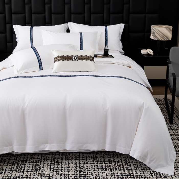 91家纺网 家纺一手货源 找家纺 优必恩 2025新款高支高密民宿酒店织带款四件套套件 墨蓝