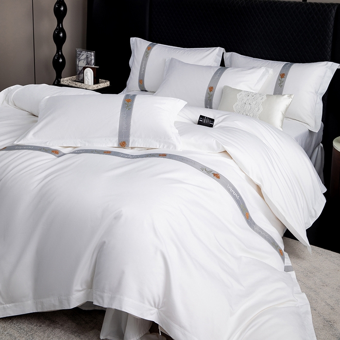 91家纺网 家纺一手货源 找家纺 优必恩 2025新款高支高密民宿酒店织带款四件套套件 浅青