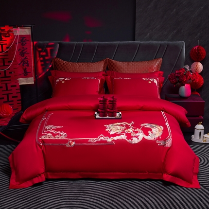 91家纺网 家纺一手货源 找家纺 时亿家居 2025新款100支长绒棉婚庆系列四件套 龙凤吉祥