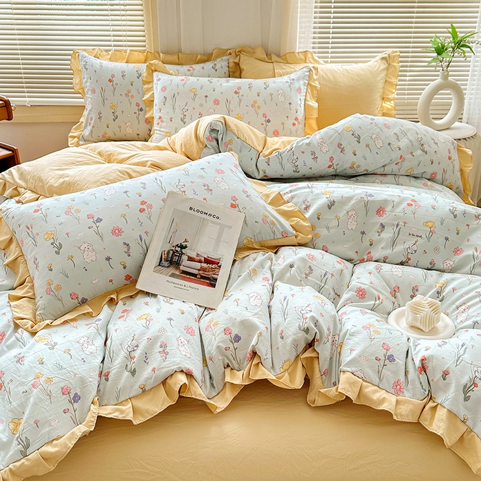 91家纺网 家纺一手货源 找家纺 佳一家纺 2025新款亲肤水洗棉四件套系列 缤纷兔