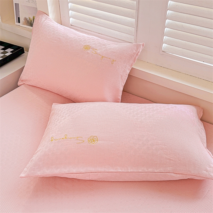 91家纺网 家纺一手货源 找家纺 曼町家居 2025新款全棉华夫格床笠 浅粉