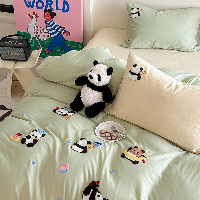 91家纺网 家纺一手货源 找家纺 TT.one 塔塔家居 2025新款全棉双层纱毛巾绣萌宠系列四件套 福气团团