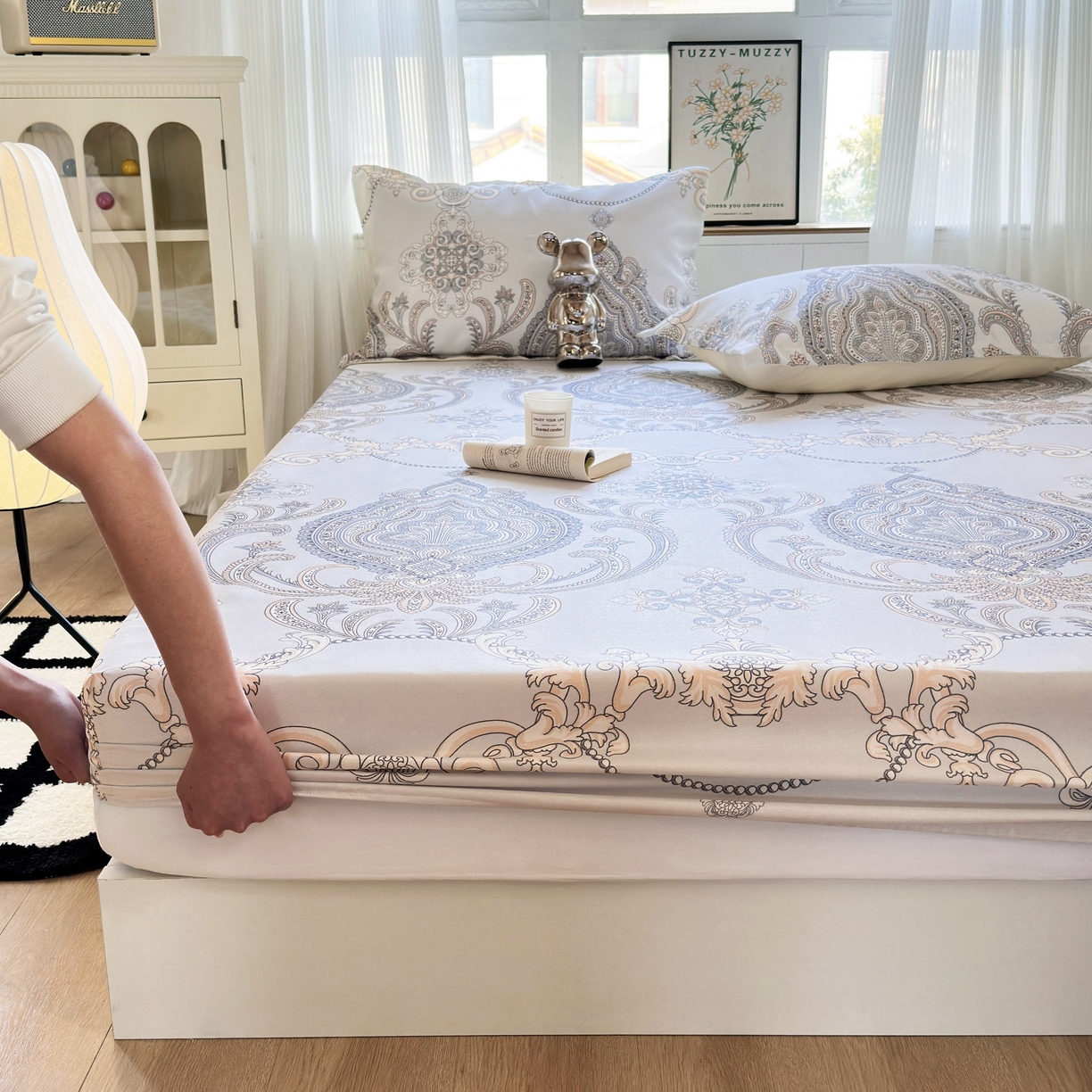 91家纺网 家纺一手货源 找家纺 乐居家纺 2025新款亲肤舒适活性印染水洗冰丝床笠 古色古香