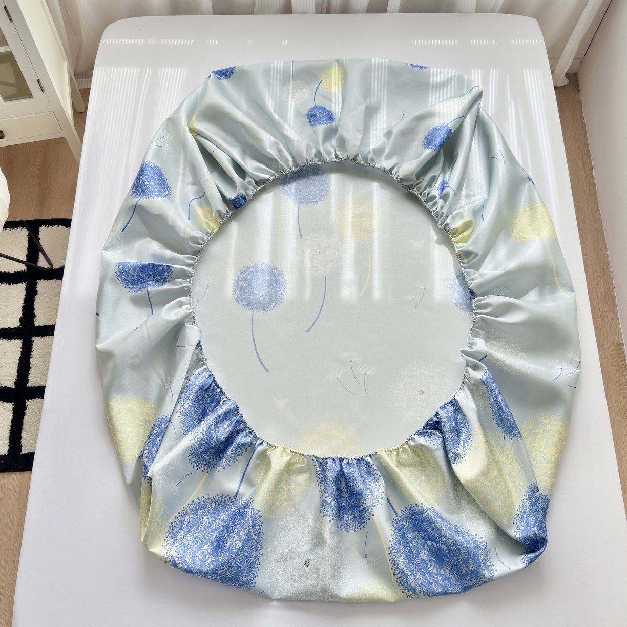 91家纺网 家纺一手货源 找家纺 乐居家纺 2025新款亲肤舒适活性印染水洗冰丝床笠 蒲公英-蓝