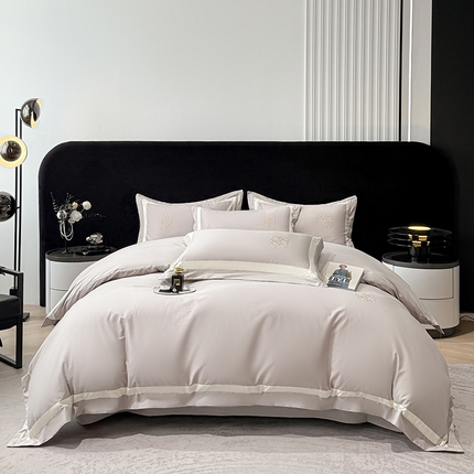 合欢(原天一阁）2025新款全棉纯棉长绒棉工艺款刺绣礼盒装四件套 悠然-灰