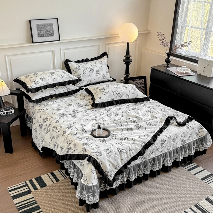 91家纺网 家纺一手货源 找家纺 绣女坊 2025新款夏被款床盖四件套 玫瑰