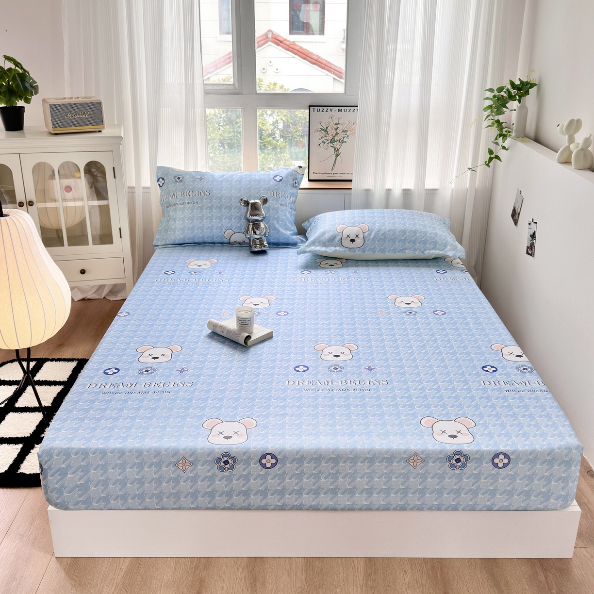 91家纺网 家纺一手货源 找家纺 乐居家纺 2025新款亲肤舒适活性印染水洗冰丝床笠 千鸟格熊-蓝