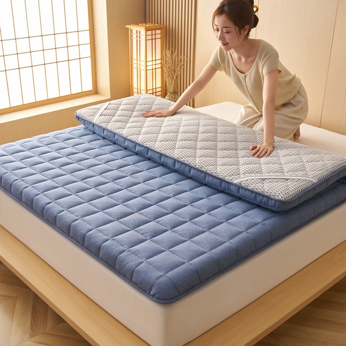 91家纺网 家纺一手货源 找家纺 锦丝钰床垫 2025新款色织水洗棉棉花床垫 牛仔蓝