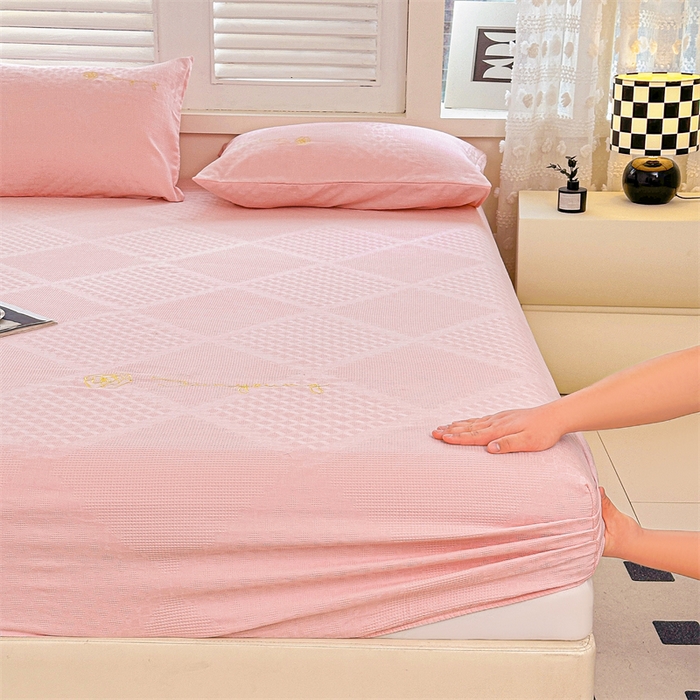 91家纺网 家纺一手货源 找家纺 曼町家居 2025新款全棉华夫格床笠 浅粉