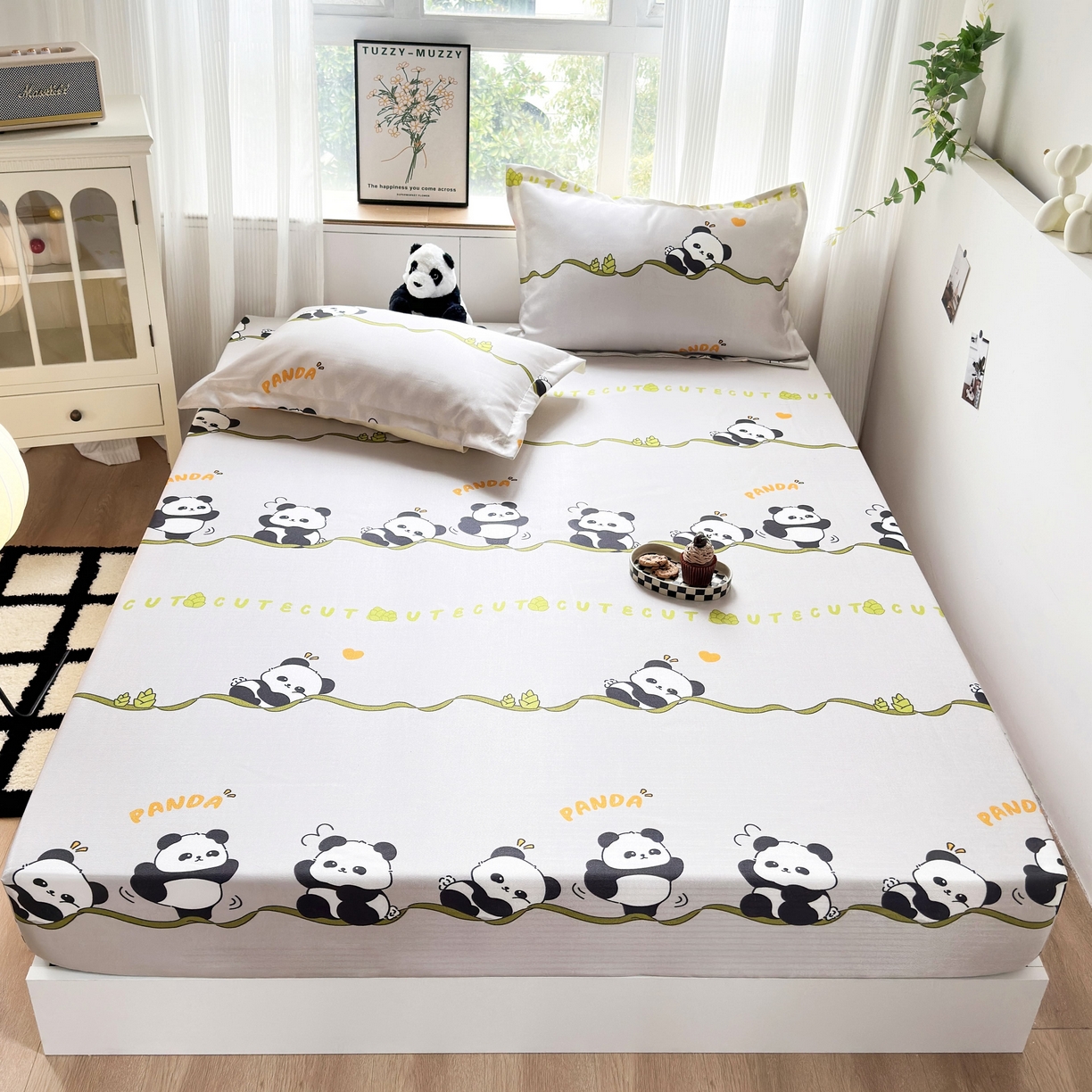 91家纺网 家纺一手货源 找家纺 乐居家纺 2025新款亲肤舒适活性印染水洗冰丝床笠 熊猫-灰