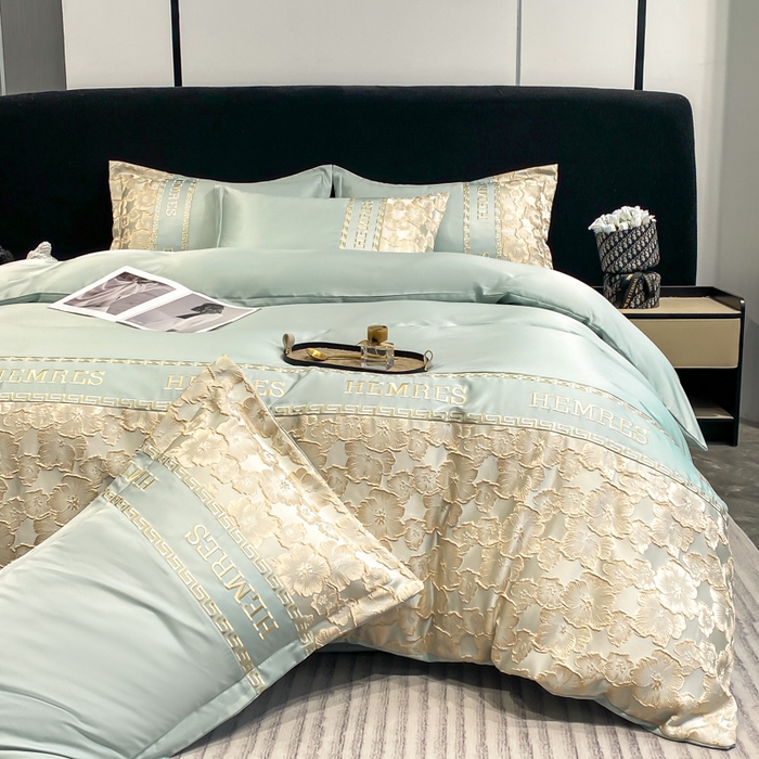 91家纺网 家纺一手货源 找家纺 子曰 2025新款金丝提花浮雕刺绣水洗真丝四件套 花开朵朵-绿