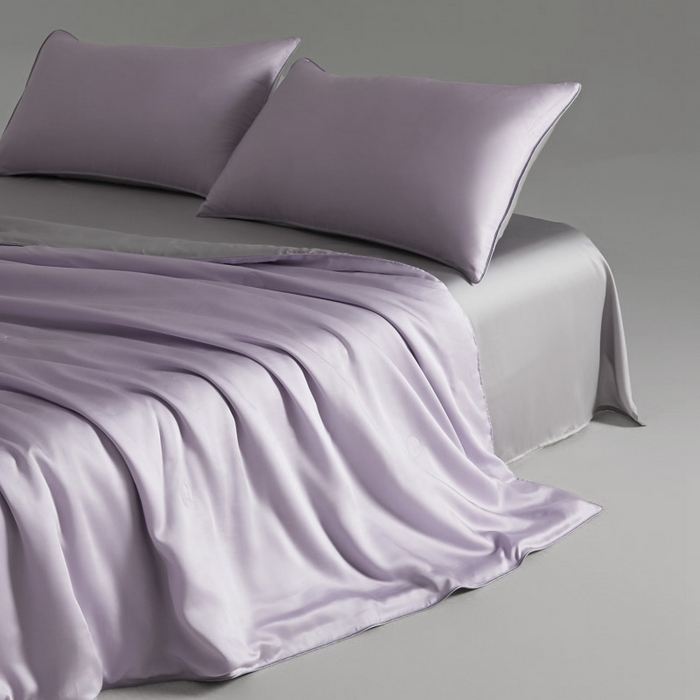 91家纺网 家纺一手货源 找家纺 AB家纺2025新品A类莱赛尔双拼50天丝空调夏被四件套 云霞紫-烟灰