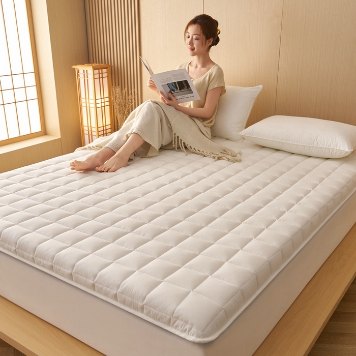 91家纺网 家纺一手货源 找家纺 锦丝钰床垫 2025新款色织水洗棉棉花床垫 白色