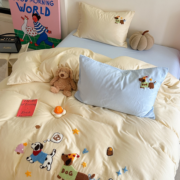 91家纺网 家纺一手货源 找家纺 TT.one 塔塔家居 2025新款全棉双层纱毛巾绣萌宠系列四件套 狗狗日记