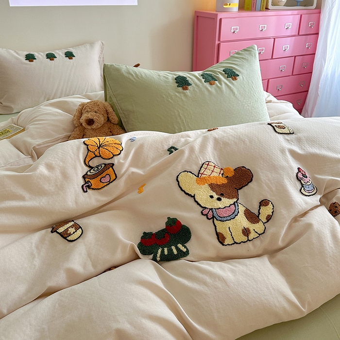 91家纺网 家纺一手货源 找家纺 TT.one 塔塔家居 2025新款全棉双层纱毛巾绣萌宠系列四件套 派对小狗