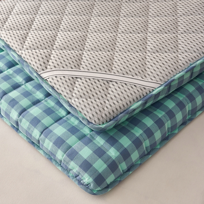 91家纺网 家纺一手货源 找家纺 锦丝钰床垫 2025新款色织水洗棉棉花床垫 蓝绿中格