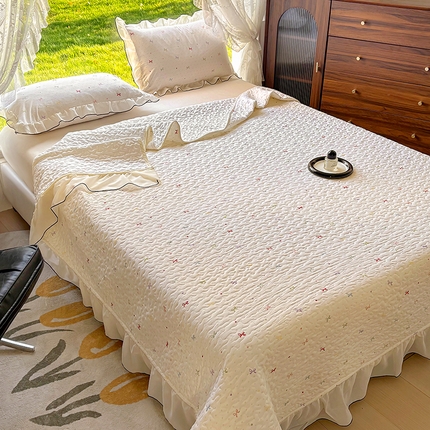 韩秀家纺 2025新款韩版花边双层纱水洗棉夹棉床盖针织棉泡泡棉床盖三件套蕾丝花边枕套 蝶梦